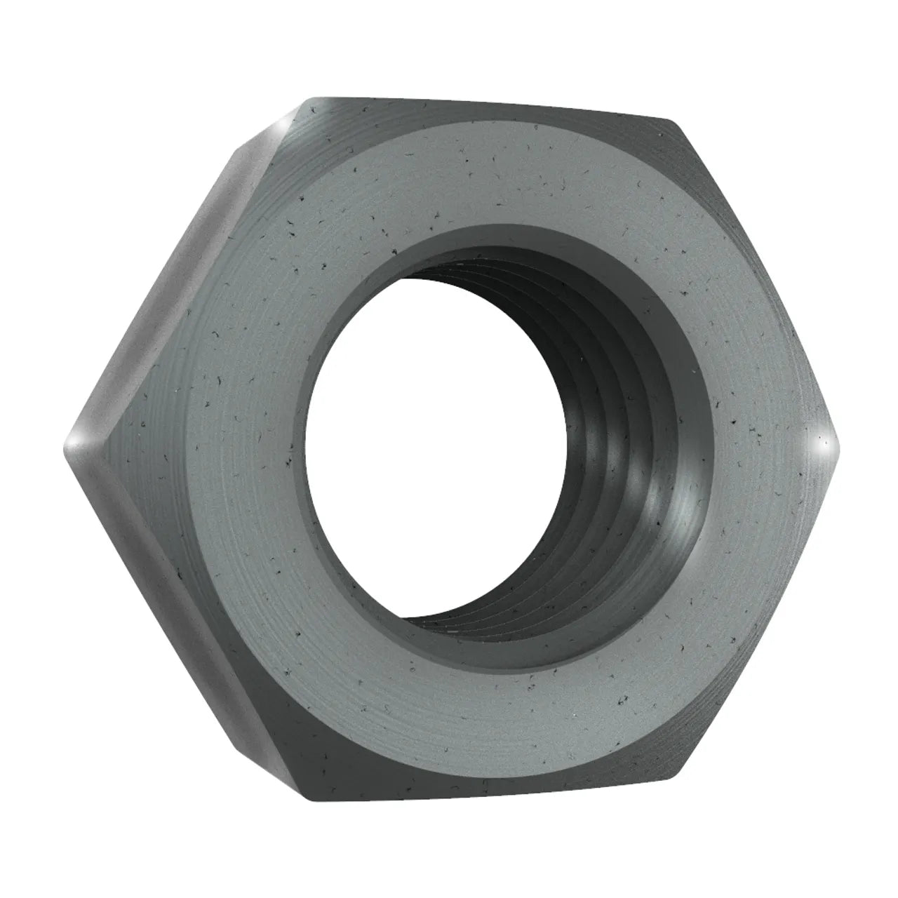 A close-up of the Go Build 3/8 in.-16 Hex Nut - Galvanized, featuring a USS coarse thread and threaded inner surface, is displayed on a white background.